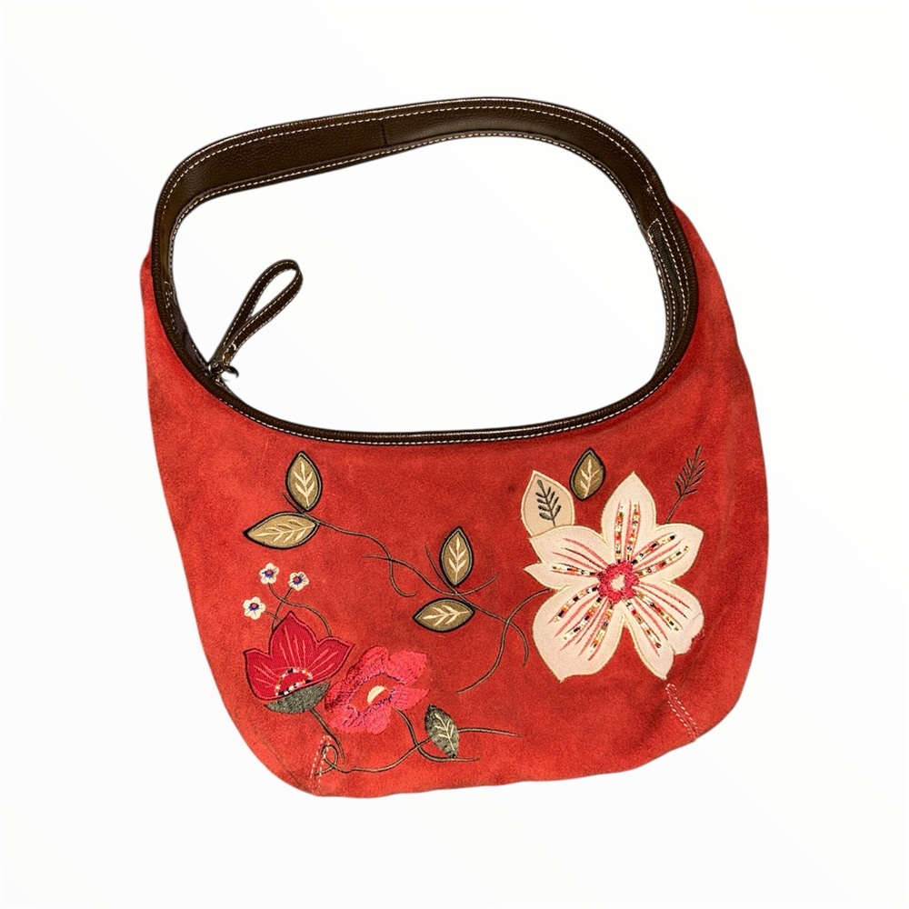 Red Preston & York suede leather purse with floral Applique